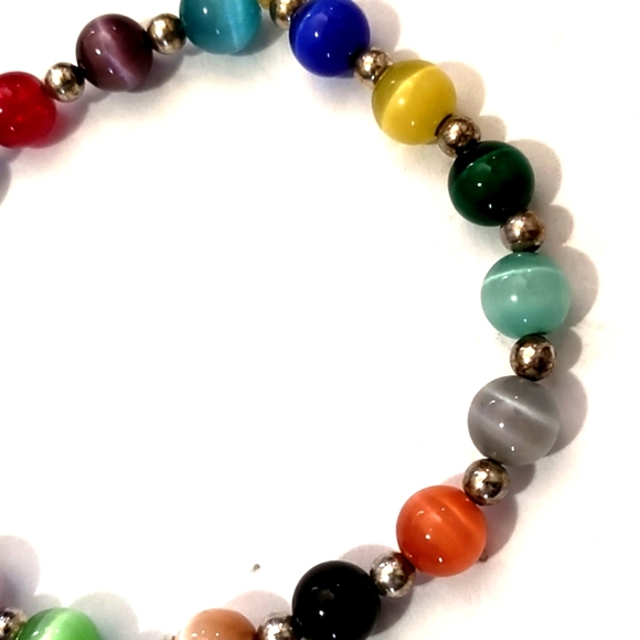 STERLING SILVER .925 CAT'S EYE/SOLID BEADED BREAST AWARENESS STRETCH BRACELET - Picture 4 of 8